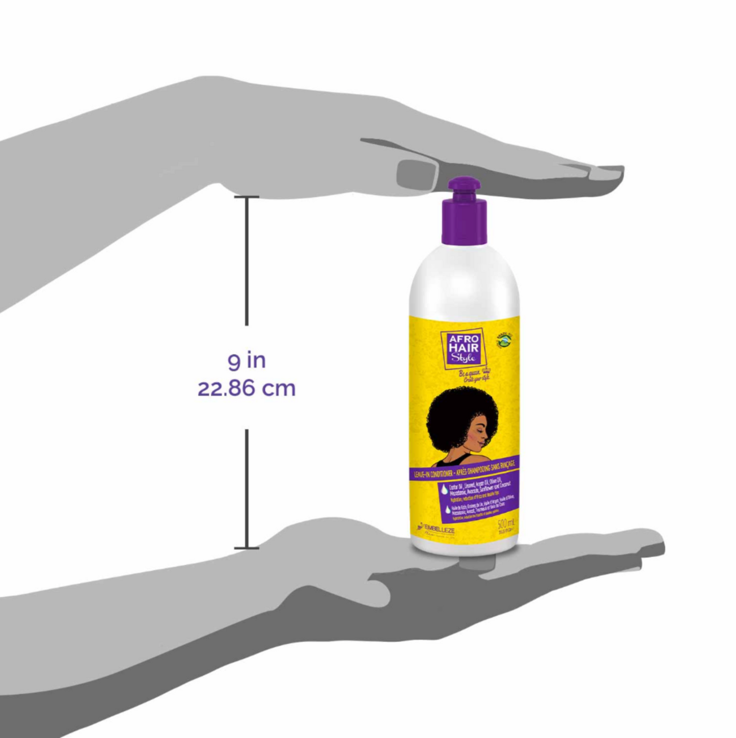 Hand holding a bottle of AfroHair Style products Pride hair care product with measurement details.