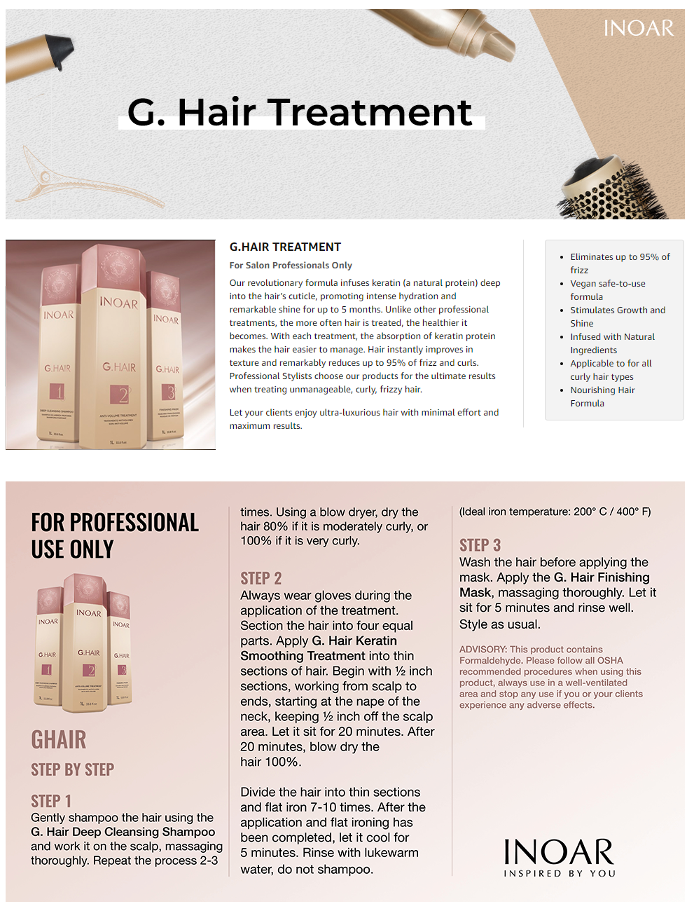 Inoar PROFESSIONAL - G.Hair Keratin Smoothing Treatment Step 1 Shampoo 33.8oz/1L