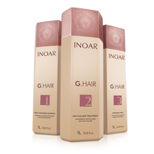 Load image into Gallery viewer, Inoar PROFESSIONAL - G.Hair Keratin Smoothing System (1 liter x 3 ) Deep Cleansing Shampoo, Anti-Volume Treatment &amp; Finishing Mask

