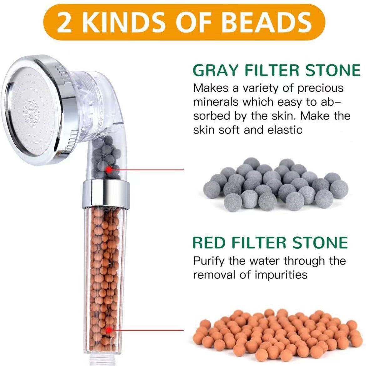 Shower Head Filter With Filter Beads For Hard Water Three-Stage Adjustable Water Pressure Boosting Portable Negative Ions