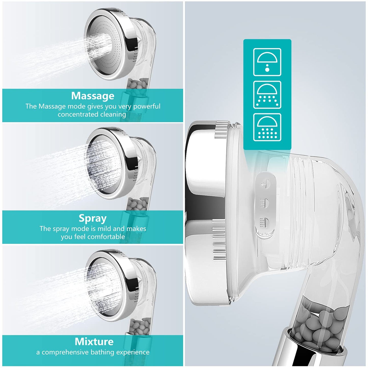 Shower Head Filter With Filter Beads For Hard Water Three-Stage Adjustable Water Pressure Boosting Portable Negative Ions
