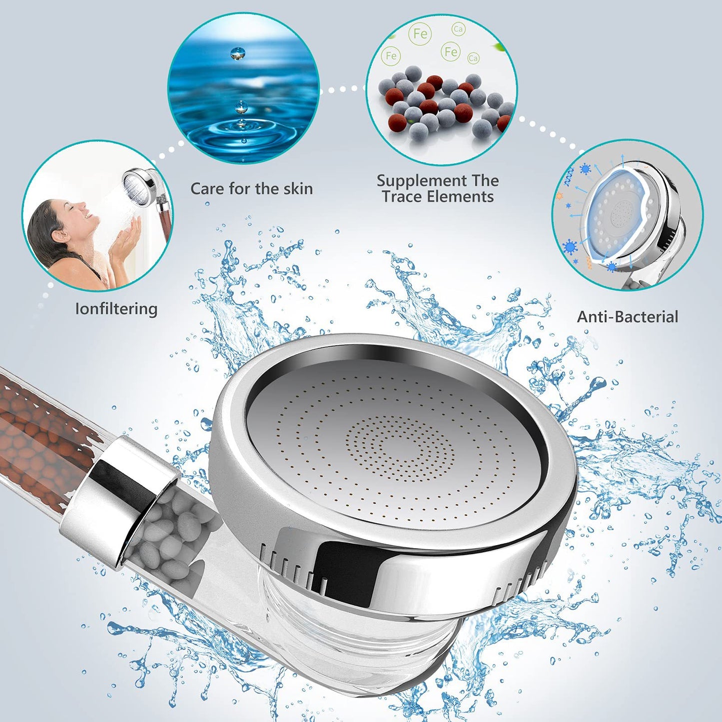 Shower Head Filter With Filter Beads For Hard Water Three-Stage Adjustable Water Pressure Boosting Portable Negative Ions