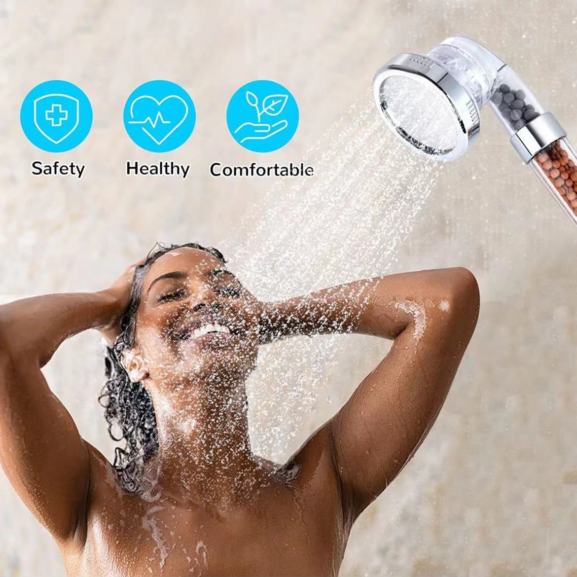 Shower Head Filter With Filter Beads For Hard Water Three-Stage Adjustable Water Pressure Boosting Portable Negative Ions